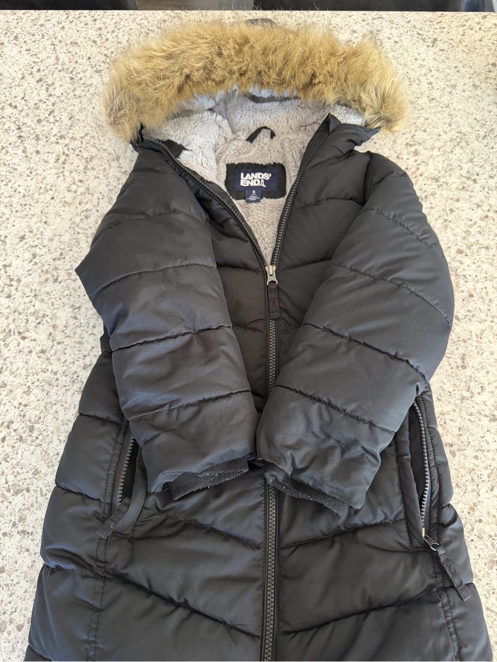 Lands' End Black Jacket with Light Gray Faux Sherpa Lining